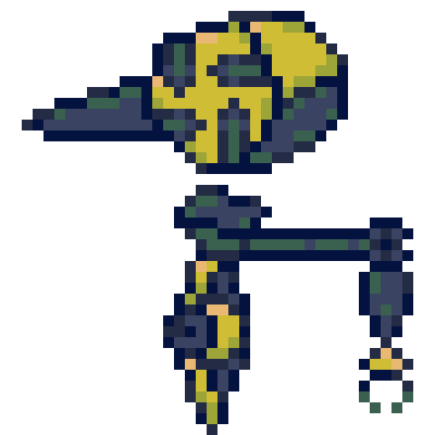 yellow and blue robot with a spinning arm