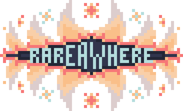 A bright red and blue logo, saying RAREAWHERE